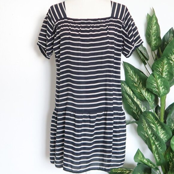 J. Crew Navy Striped 100% Silk Nautical Drop Waist Short Sleeve Mini Dress Small - Picture 3 of 11